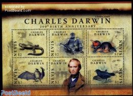 Nevis 2009 Charles Darwin 6v M/s, Mint NH, Nature - Animals (others & Mixed) - Bats - Birds - Reptiles - St.Kitts En Nevis ( 1983-...)