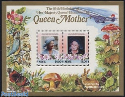 Nevis 1985 Queen Mother S/s, Mint NH, History - Nature - Transport - Kings & Queens (Royalty) - Birds - Butterflies - .. - Royalties, Royals