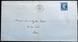 N°14 20c BLEU NAPOLEON / ETREUX AISNE POUR PARIS / 30 AOUT 1857 / LSC / ARCHIVE DE CHAZELLES / PC 1222 IND 5 - 1849-1876: Klassik