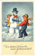 H2179 - Glückwunschkarte Neujahr - Kinder Schneemann Snowman Winterlandschaft - Nouvel An