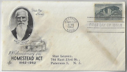 USA United States 1962 FDC 1st Day Cover Centenary Of The Homestead Act Cancel Beatrice - 1961-1970