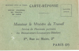 FRANCE CARTE OFFICE DU TRAVAIL PARIS ( UNE CUISINIERE ) DE 1942  LETTRE COVER - Frankobriefe