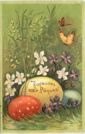 Ostern - Prägekarte - Eier - Blumen - Schmetterling - Pascua