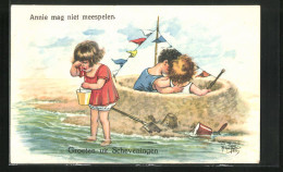 Künstler-AK Arthur Thiele: Junge Und Mädchen In Einer Sandburg Am Strand, Daneben Weinendes Mädchen  - Thiele, Arthur