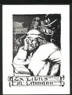 Exlibris M. Lehmann, Alter Mann Am Lesen  - Ex-Libris