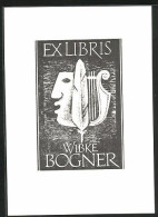 Exlibris Wibke Bogner, Feder, Lyra, Menschen Gesicht  - Bookplates