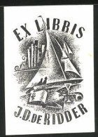 Exlibris J. D. De Ridder, Segelschiff, Bücherregal  - Ex-libris