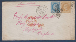 Napoléon  N° 21 Et 22 Sur  Enveloppe De Marseille Pour L' Angleterre - 1863-1870 Napoléon III Con Laureles