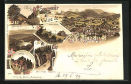 Lithographie St. Amarin, Château, Neue Strasse Am Cascade, Tunel De Busang, Belchen Avec Hotel  - Saint Amarin