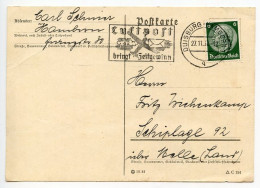 Germany 1937 Postcard; Duisburg-Hamborn To Schiplage; 6pf. Hindenburg; Luftpost Slogan Cancel - Brieven En Documenten