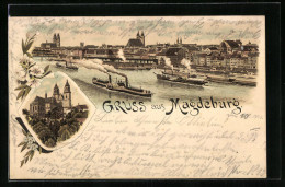 Lithographie Magdeburg, Teilansicht Mit Dampfern, Dom  - Magdeburg