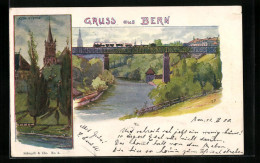 Künstler-AK Bern, Flusspartie Mit Brücke Und Kirche  - Berna