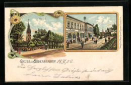 Lithographie Süderbrarup, Strassenpartie Mit Geschäft Von C. Franzen, Kirche  - Autres & Non Classés