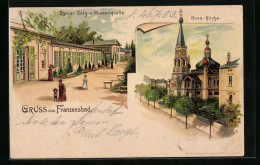 Lithographie Franzensbad, Russische Kirche, Egerer Salz- U. Wiesenquelle  - Czech Republic