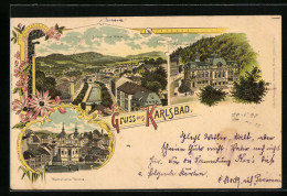 Lithographie Karlsbad, Alte U. Neue Wiese, Kaiserbad, Katholische Kirche  - Tschechische Republik