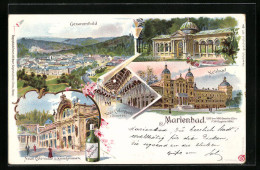 Lithographie Marienbad, Gesamtbild, Neubad, Waldquelle, Neue Colonnade  - Tschechische Republik