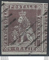 1851 Toscana 9cr. Bruno Violaceo Su Azzurro Cancelled Sassone N. 8b - Toscane