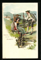 Lithographie Bergen, Bergsteiger Trifft Auf Hübsche Maid  - Mountaineering, Alpinism