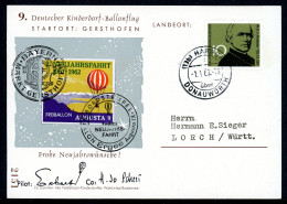 Bund Ballonpost 9. Kinderdorfballonflug Gersthofen - Harburg 1.1.62 #HK132 - Correo Postal