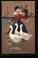 Künstler-AK Meissner & Buch (M&B) Nr. 1801: Jung Holland, Mädchen In Tracht, Enten, Windmühle  - Sonstige & Ohne Zuordnung