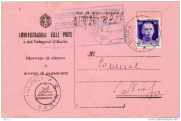 1936 RICEVUTA DI RITORNO CON ANNULLO SANTA NINFA TRAPANI - Marcofilía