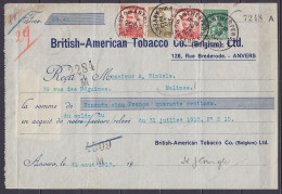 Reçu "British American Tobacco Co." Affr. N°112+118 Càd ANTWERPEN /30 VIII 1913 (première Présentation) + N°110+118 Càd  - 1912 Pellens