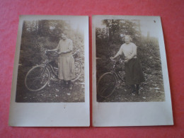 2 Cartes Photo Au Même Endroit De Jeune Fille Avec Leur Bicyclette Différente: Voir Les Freins - Otros & Sin Clasificación