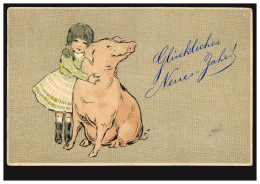 Tier-AK Neujahr Mädchen Mit Schwein, WIESBADEN 2.1.1906 Nach LÖVENICH/CÖLN 3.1. - Sonstige & Ohne Zuordnung