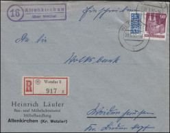 93 Eg Bauten 60 EF R-Brief Landpoststempel Altenkirchen über WETZLAR 28.3.50 - Brieven En Documenten