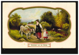 Prägekarte Tiere: Heimkehr Von Der Weide Rinder Kühe Enten, 29.5.1910 - Other & Unclassified
