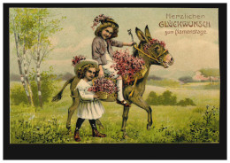 Prägekarte Tiere: Zwei Kinder Mit Esel Und Blumen, KEMPEN (RHEIN) 25.11.1909 - Other & Unclassified