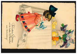 Künstler-AK Mädchen Im Roten Kleid Blumen Geburtstagskarte, FRANKFURT/MAIN 1935 - Non Classés