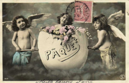 Paques 2 Petits Anges Et 1 Fillette Sortant D'un Oeuf RV - Ostern