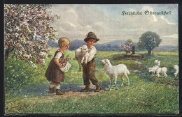 AK Fröhliche Ostern, Kinder Spielen Mit Den Schafen Auf Der Weide  - Easter