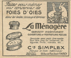 Foies D'Oies La Mènagère - Nancy - Pubblicità 1928 - Publicitè - Publicités