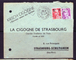 (ALM)  FRANCE  LETTRE 1949 Cagnes Sur Mer 06 Kirsch Strasbourg Alcool Cigogne Schiltigheim Gandon Surcharge DAGUIN - Cartas & Documentos