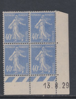 France N° 237 X Type Semeuse 40 C. Outremer En Bloc De 4 Coin Daté Du 13 . 8 . 29 , Ss Pt Blanc ; Trace Ch., TB - ....-1929