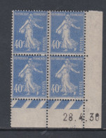 France N° 237 X Type Semeuse 40 C. Outremer En Bloc De 4 Coin Daté Du 28 . 4 . 30 , Ss Pt Blanc ; Trace Ch., TB - ....-1929