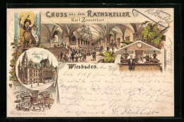 Lithographie Wiesbaden, Rathskeller Karl Bausenhart Mit Rathaus  - Wiesbaden