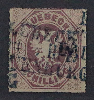 1865, LÜBECK 14, Wappen 1 1/2 Sch. Purpur, BAHNPOST DREIZEiLER STEMPEL, 110,-€++ - Lubeck