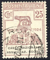 1924 - Enti Parastatali - Cassa Nazionale Assicuraz. Sociali. - 25 C. Annullato Il 14/11/1924 (Sassone N.26) - Afgestempeld