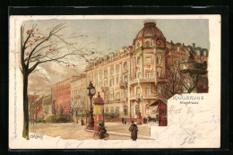 Künstler-Lithographie Carl Münch: Karlsruhe, Hotel Germania, Kriegstrasse Mit Litfasssäule, Radfahrerin  - Other & Unclassified