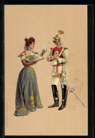 Lithographie Soldat Des Gardes Du Corps Mit Junger Dame  - War 1914-18