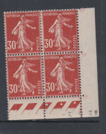 France N° 360 X Type Semeuse 30 C. Rouge Sombre En Bloc De 4 Coin Daté Du 3 . 2. 38 ; 3 Pts Blancs,  Trace Char., TB - 1930-1939