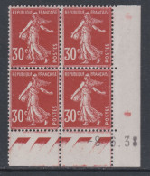 France N° 360 X Type Semeuse 30 C. Rouge Sombre En Bloc De 4 Coin Daté Du 8 . 6. 38 ; Ss Pt Blanc, Trace Char., TB - 1930-1939