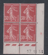France N° 360 X Type Semeuse 30 C. Rouge Sombre En Bloc De 4 Coin Daté Du 17 . 11. 38 ; Ss Pt Blanc, Trace Char., TB - 1930-1939