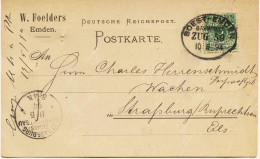 2197 -  Allemagne : POSTKARTE  - EMDEM   à   STRASBOURG   10. Mai 1894 - Cachet : SOEST-EMDEM  ZUG 59  -CIRCULEE En 1894 - Storia Postale