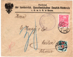 Österreich 1915, 10 H. Auf Firmenbrief V. Bozen M. 10 C. Schweiz Portomarke. - Lettres & Documents