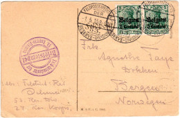 Dt Besetzung Belgien 1915, 2x5 C. Auf Feldpost Auslands Zensur Karte N. Norwegen - Bezetting 1914-18