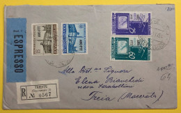 1954 RACCOMANDATA  ESPRESSO DA TRIESTE CON COMMEMORATIVI X TREIA - Poststempel